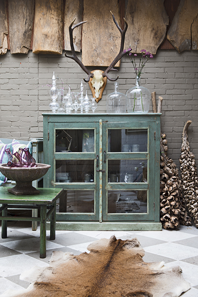 kakelbont kast schedel huid knoflook hout