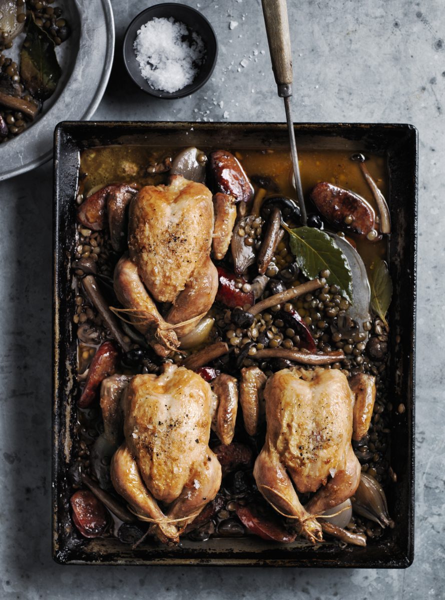 poussin met champignons en linzen