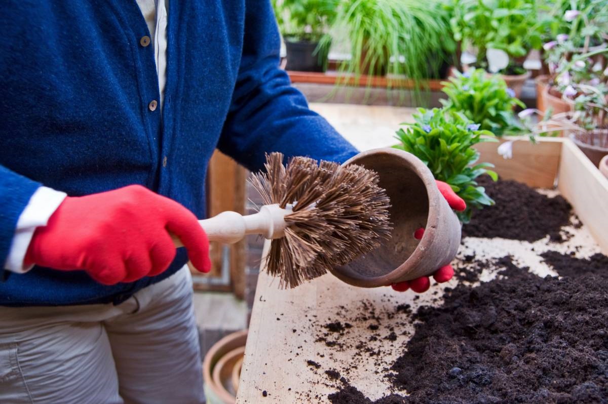 bloempotborstel - opruimen en schoonmaken - tuin - plantenpotten